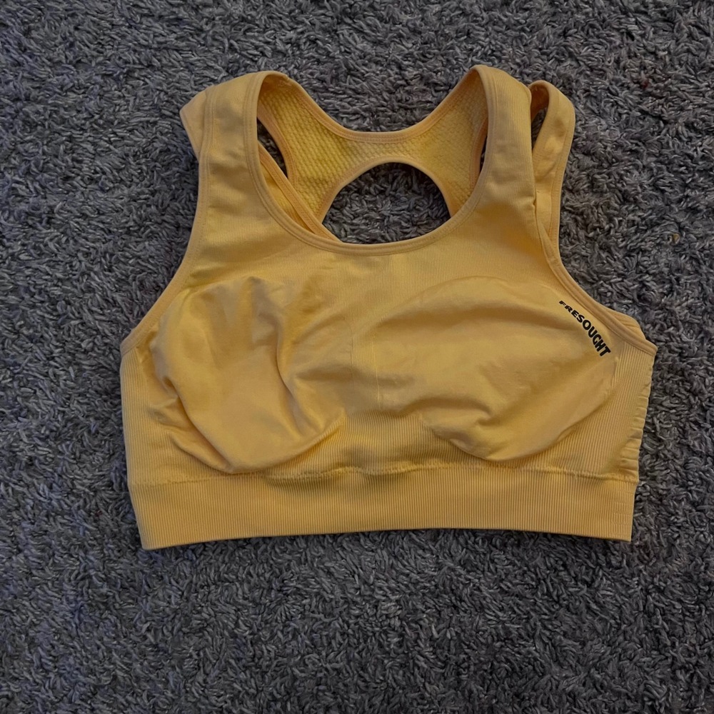 Fresought‎ Womens Yellow Seamless Ribbed Sports Bra Multi Strap Racerback Medium